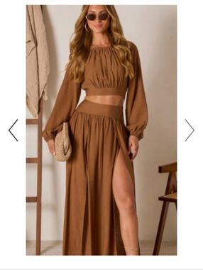 Women’s Brown High-Slit Maxi Skirt And Blouse